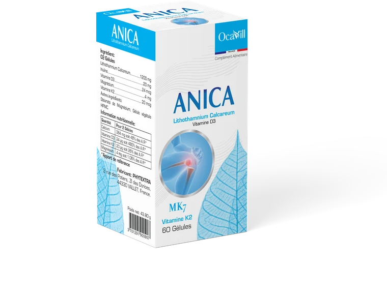ANICA — box of 60 capsules, marine calcium Lithothamnium calcareum, vitamin D3 and K2 MK7